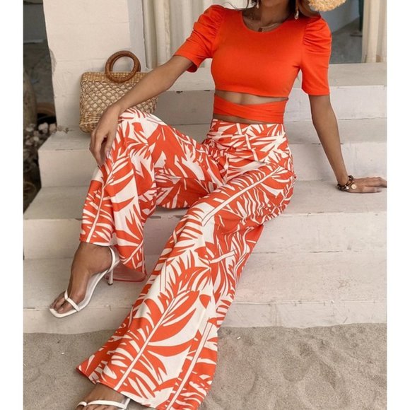. Pants - Orange Boho Coord set Tie Back Tee & Tropical Print Wide Leg Pants